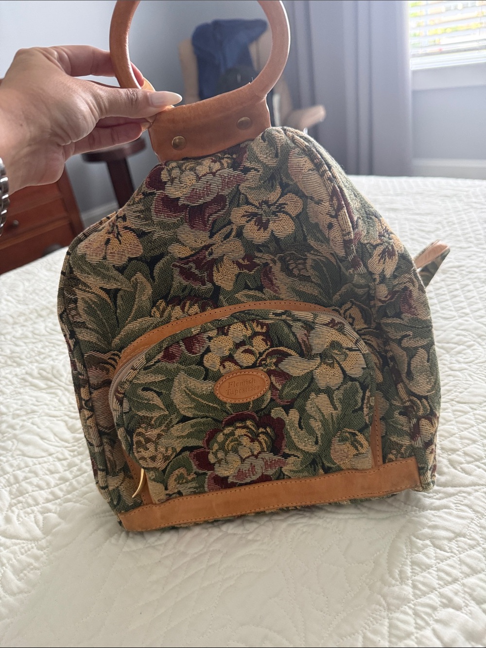 Floral Tapestry Mini Backpack with Tan Leather Trim